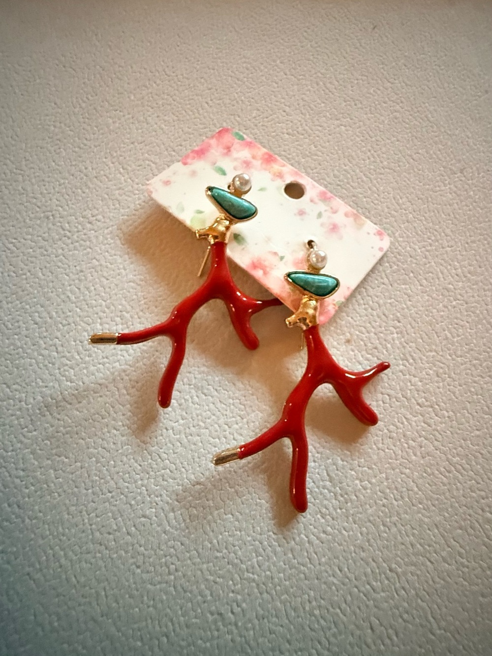 Red Coral Branch Drop Earrings with Turquoise Accent - Women Jewelry